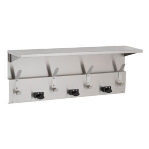 Wall-mounted stainless steel shelf with four hooks and three mop or broom holders.