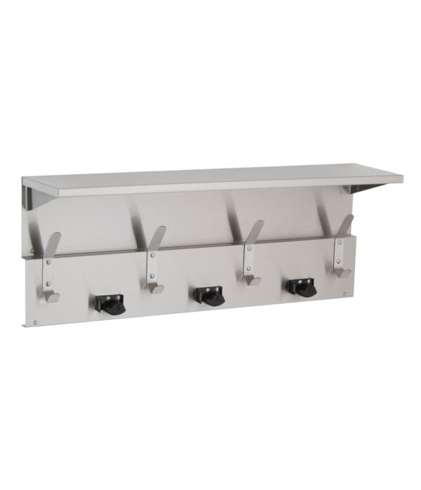 Wall-mounted stainless steel shelf with four hooks and three mop or broom holders.