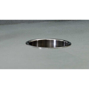 Round stainless steel sink in gray countertop.