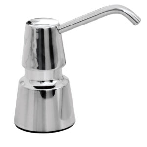 Stainless steel soap dispenser with modern, tapered base and curved spout.