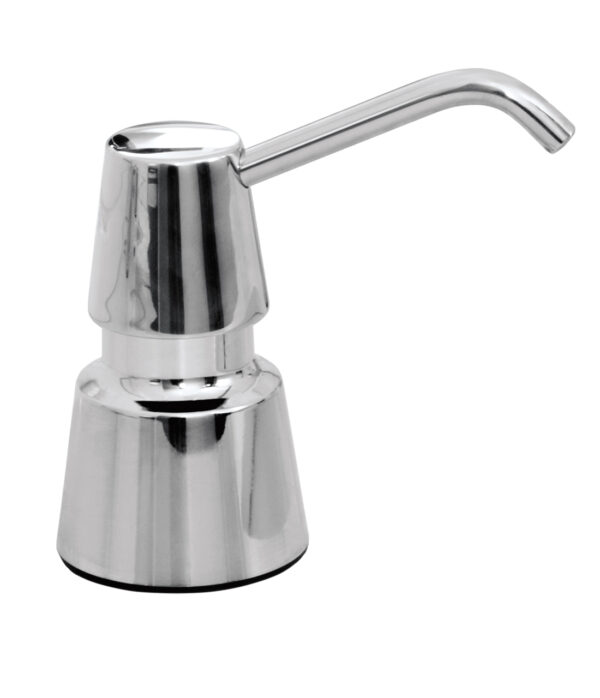 Stainless steel soap dispenser with modern, tapered base and curved spout.