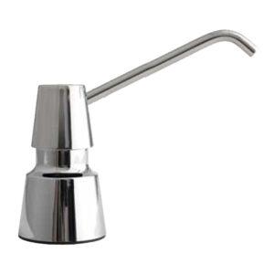 Stainless steel soap dispenser pump with modern design and long curved spout.