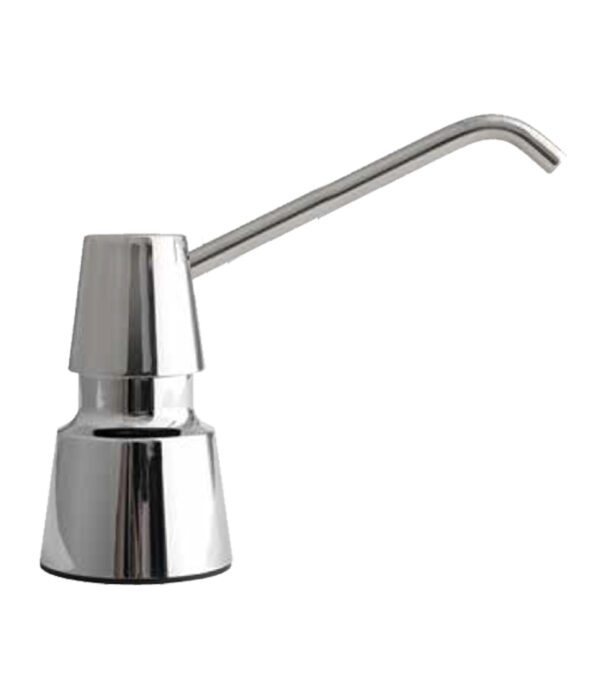 Stainless steel soap dispenser pump with modern design and long curved spout.