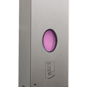 Stainless steel automatic soap dispenser with pink soap and motion activation instructions.