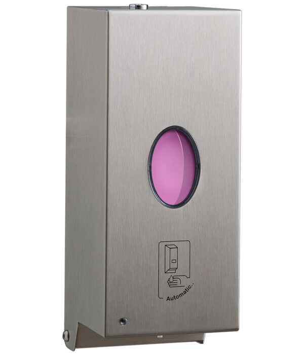 Stainless steel automatic soap dispenser with pink soap and motion activation instructions.