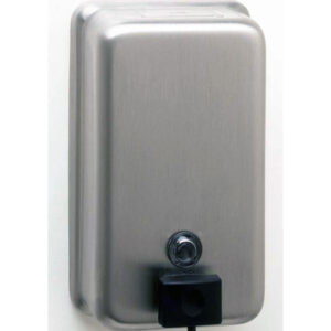 Wall-mounted stainless steel soap dispenser with push button and black nozzle.