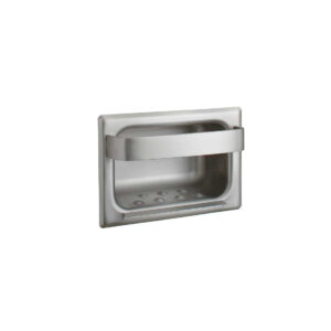 Stainless steel rectangular soap holder with wall mount and secure horizontal bar.