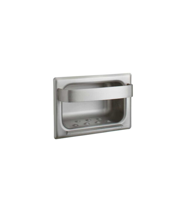 Stainless steel rectangular soap holder with wall mount and secure horizontal bar.