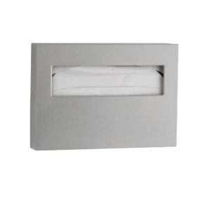 Stainless steel tissue dispenser with rectangular design and opening for easy tissue access.