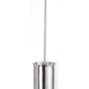 Stainless steel toilet brush with cylindrical holder and long handle.