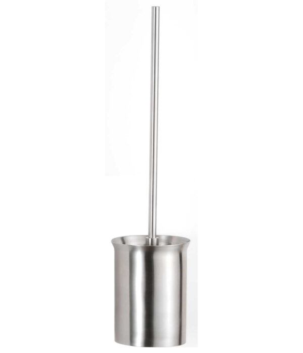 Stainless steel toilet brush with cylindrical holder and long handle.