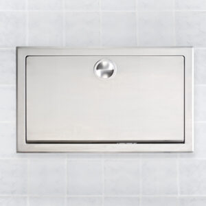 Wall-mounted stainless steel toilet paper cabinet with round handle on tiled wall.