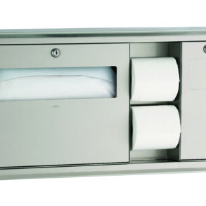 Stainless steel dispenser for paper towels and toilet rolls, secured with locks.