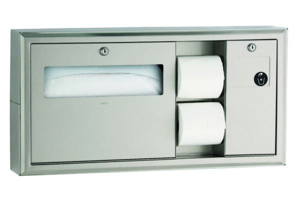 Stainless steel dispenser for paper towels and toilet rolls, secured with locks.