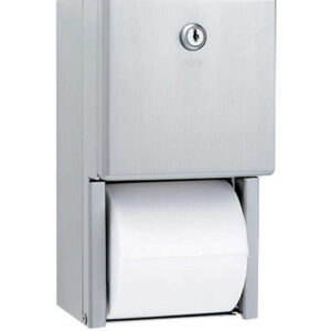 Stainless steel wall-mounted toilet paper dispenser with lock for public restrooms.