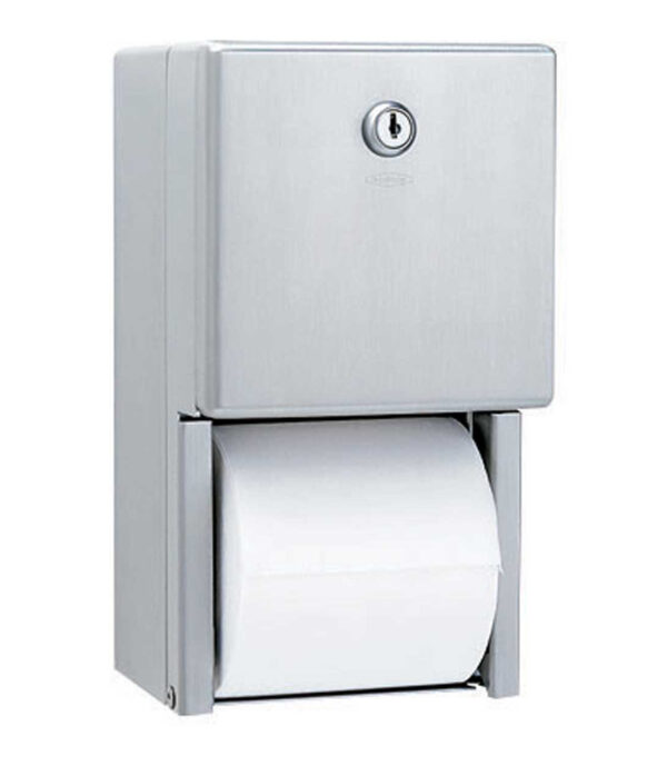 Stainless steel wall-mounted toilet paper dispenser with lock for public restrooms.