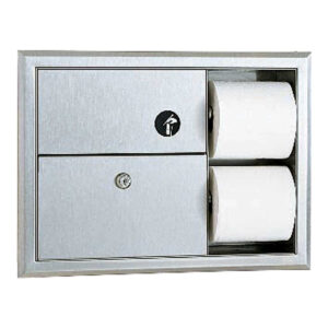 Stainless steel toilet paper dispenser with lock, icon, and dual roll compartments.