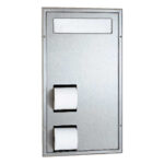 Stainless steel recessed toilet paper dispenser with two enclosed rolls.