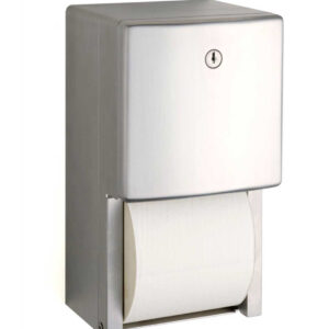 Wall-mounted stainless steel toilet paper dispenser with key lock, holds large roll.