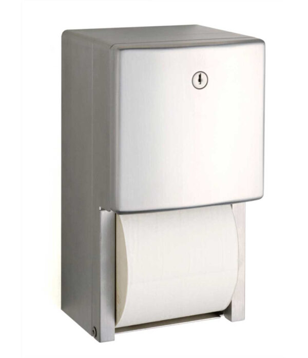 Wall-mounted stainless steel toilet paper dispenser with key lock, holds large roll.