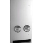 Stainless steel dual toilet paper dispenser with two dials, paper slot, and security lock.