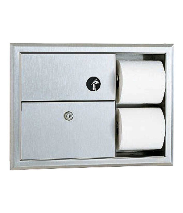 Stainless steel toilet paper dispenser with lock, icon, and dual roll compartments.