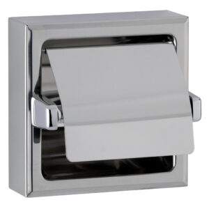 Wall-mounted stainless steel toilet paper dispenser with hinged cover and recessed design.