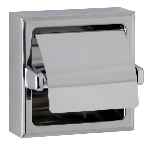 Wall-mounted stainless steel toilet paper dispenser with hinged cover and recessed design.