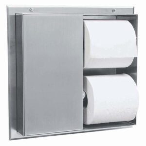 Stainless steel recessed dual-roll toilet paper holder integrated into a wall.