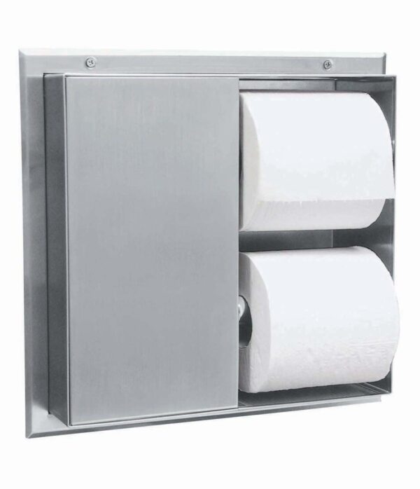 Stainless steel recessed dual-roll toilet paper holder integrated into a wall.