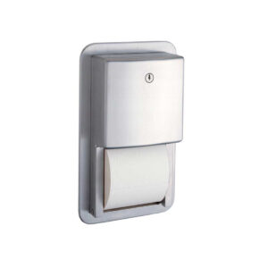 Wall-mounted stainless steel toilet paper holder with lockable cover and visible roll.