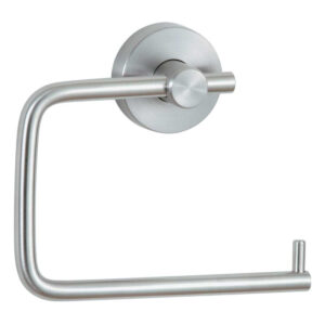 Stainless steel toilet paper holder with circular mount and straight bar.