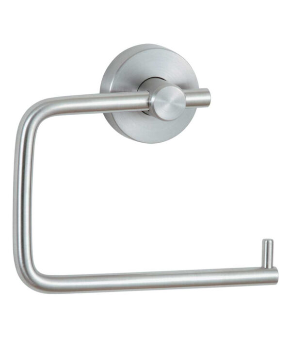 Stainless steel toilet paper holder with circular mount and straight bar.