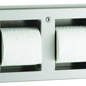 Stainless steel dual toilet paper holder with embossed rolls behind transparent panels.