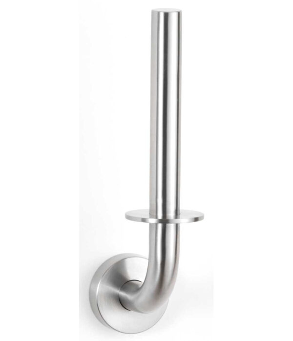 Wall-mounted stainless steel toilet paper holder with vertical post.