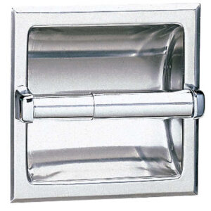 Stainless steel recessed toilet paper holder with a reflective surface and horizontal bar.