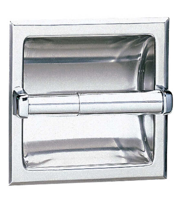 Stainless steel recessed toilet paper holder with a reflective surface and horizontal bar.