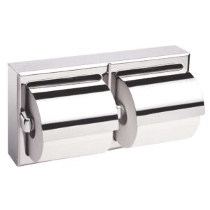 Stainless steel dual toilet paper holder with polished finish for wall mounting.