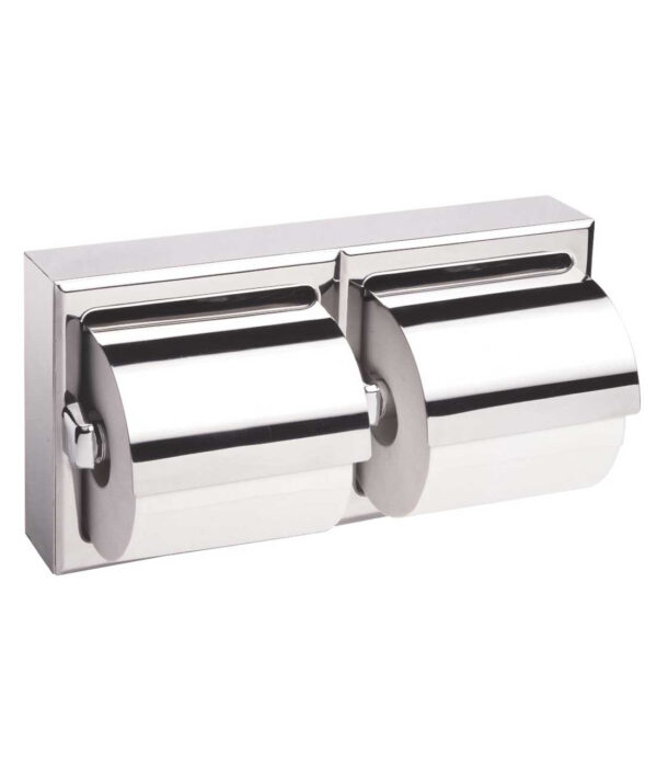 Stainless steel dual toilet paper holder with polished finish for wall mounting.