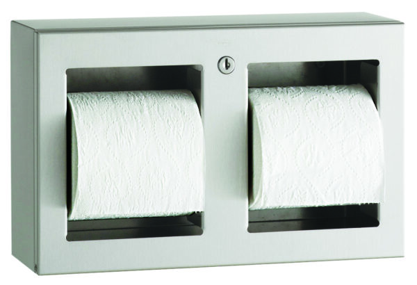 Stainless steel dual toilet paper holder with embossed rolls behind transparent panels.