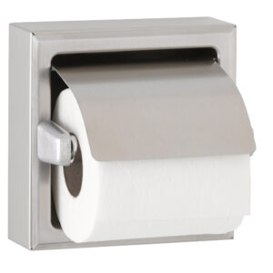 Wall-mounted stainless steel toilet paper holder with white toilet paper roll.