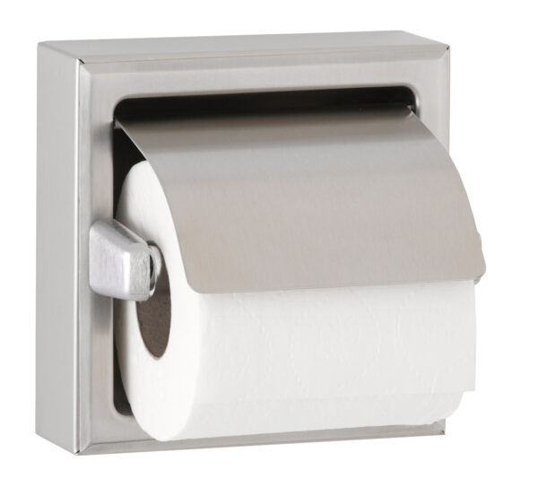 Wall-mounted stainless steel toilet paper holder with white toilet paper roll.