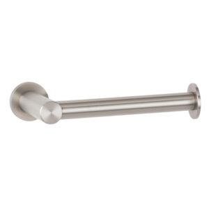 Stainless steel wall-mounted toilet paper holder with cylindrical design and brushed finish.