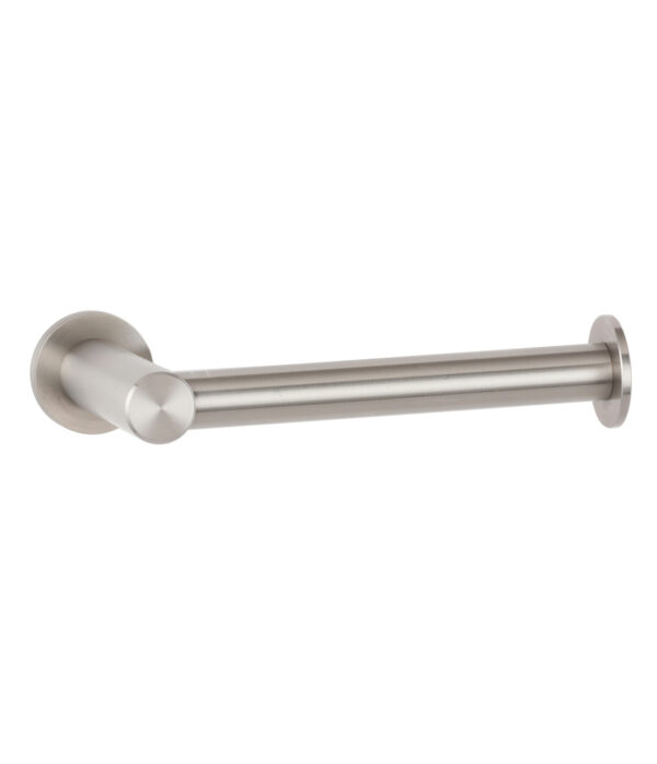 Stainless steel wall-mounted toilet paper holder with cylindrical design and brushed finish.