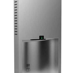 Stainless steel hand dryer with side vents and top sensor for touchless operation.