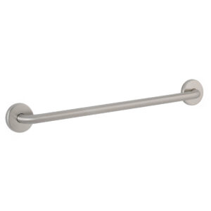 Stainless steel cylindrical towel bar with circular wall mounts.