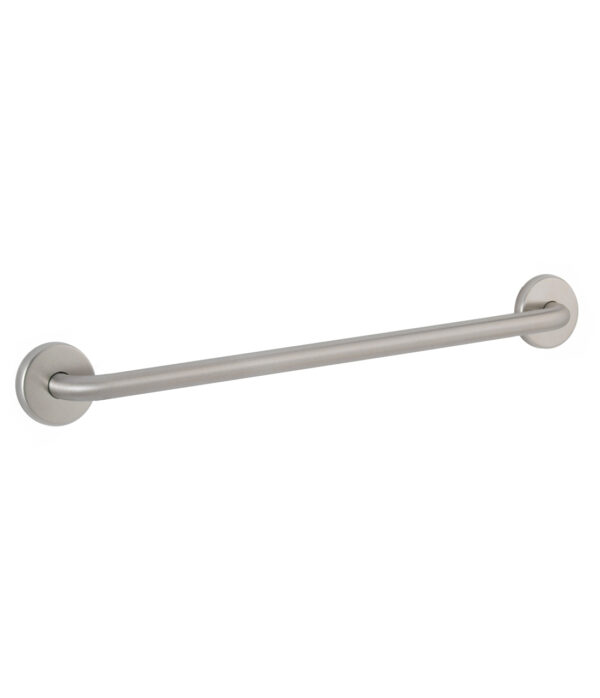 Stainless steel cylindrical towel bar with circular wall mounts.