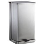 Stainless steel trash can with foot pedal and hinged lid.