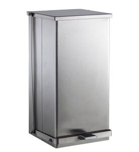 Stainless steel trash can with foot pedal and hinged lid.