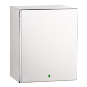 Stainless steel wall-mounted hand dryer with green indicator.